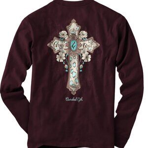Kerusso Women's Long Sleeve T-Shirt Turquoise Cross "Full of Grace Girl" - New